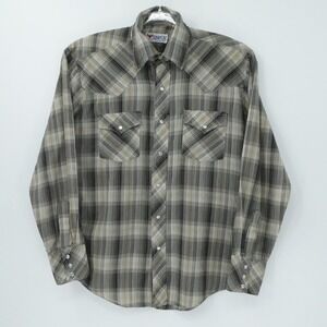 Vintage Envoy Western Shirt Mens Medium Brown Plaid‎ Pearl Snap Retro 90s